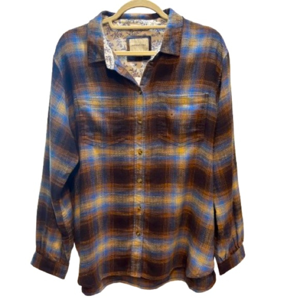NWT AEO American Eagle Brown Blue Plaid Button Down Top Size M